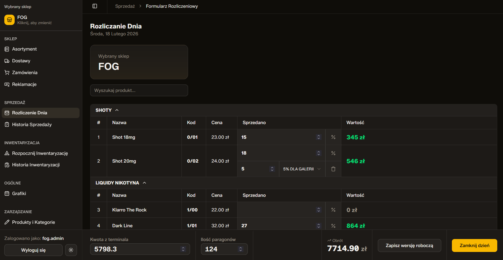 Screenshot - Rozliczenie dnia